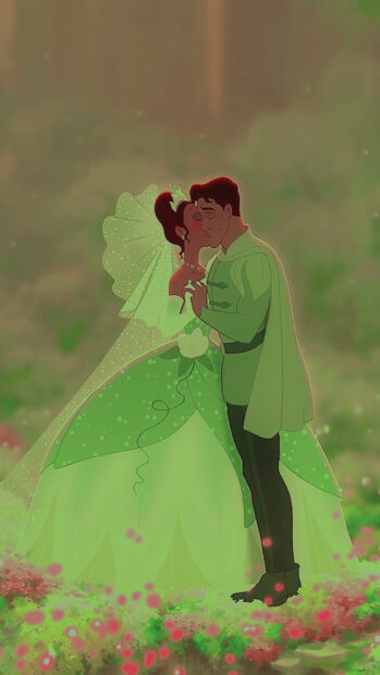 The princess and prince sharing a romantic moment in a garden from the princess and the frog