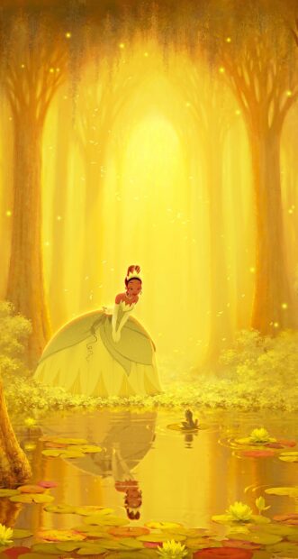 A princess in a green dress bending down to look at a frog in a glowing forest pond