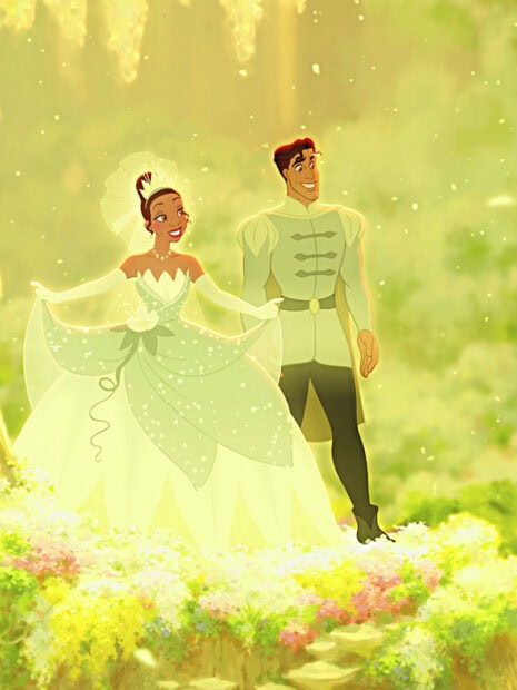 The princess and prince standing in a bright garden surrounded by flowers in a magical setting