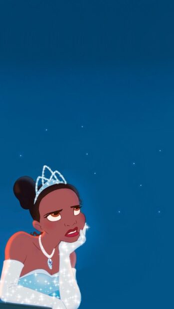 A thoughtful princess wearing a sparkling tiara and gloves looking upward against a starry night sky