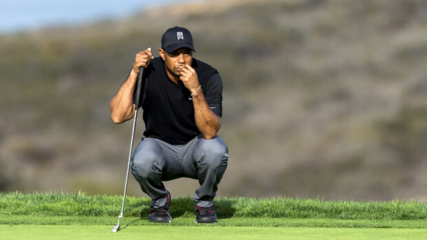 Tiger Woods lining up a golf putt on the green during a tournament