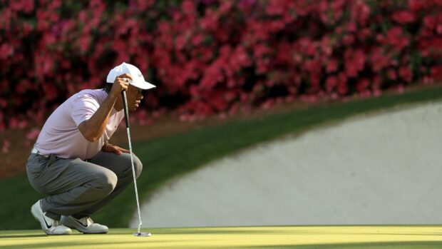 Tiger Woods lining up a putt on the golf course with colorful flowers in the background