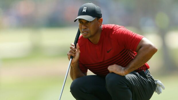 Tiger Woods concentrating on his golf putt during a tournament