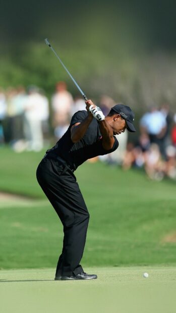 Tiger Woods preparing to swing his golf club on the course