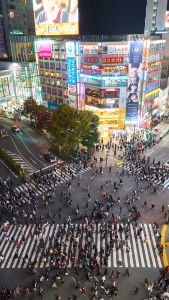 Crowded pedestrian crossing with illuminated buildings in Tokyo Japan at night