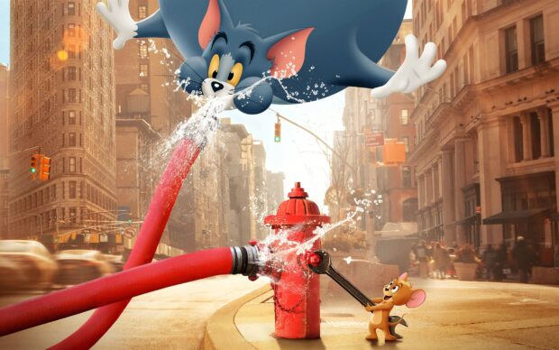 Tom And Jerry cartoon character fixing a fire hydrant with water spraying in the city street