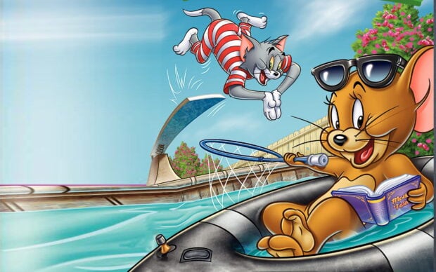 Jerry relaxing in a boat while Tom in striped outfit jumps into the water in a Tom and Jerry scene