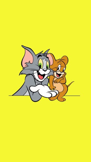 Tom and Jerry characters smiling together on a yellow background in a Tom And Jerry wallpaper