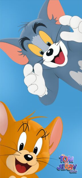 A close up of Tom and Jerry characters smiling on a blue background