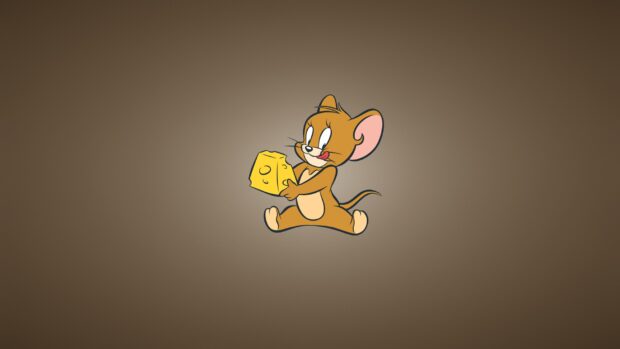 Jerry from Tom and Jerry holding a piece of cheese with a brown background