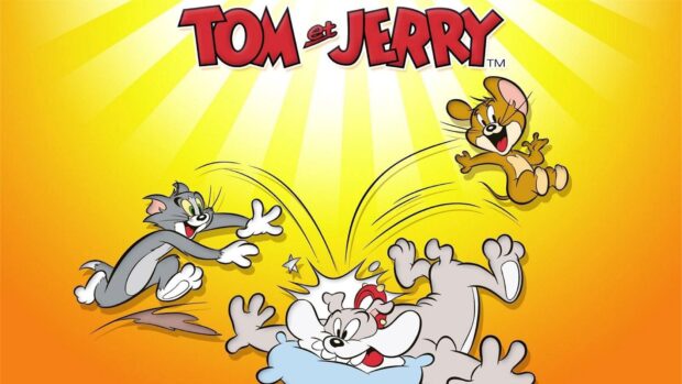 Tom And Jerry characters chasing each other in a bright yellow scene