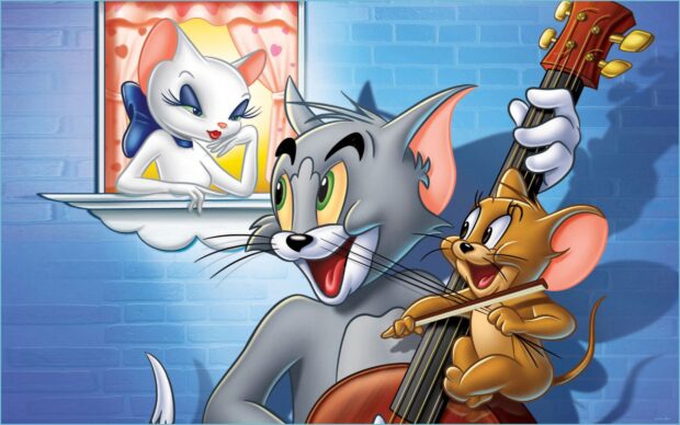 Tom and Jerry characters playing musical instruments with a female cat watching through a window