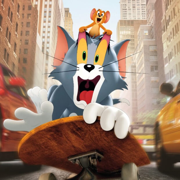Tom and Jerry chasing through the city on a skateboard in an exciting action scene