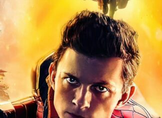 Tom Holland in his Spider Man suit with a focused expression against a yellow background