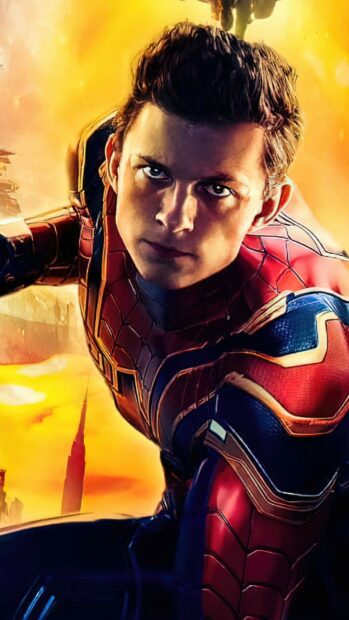 Tom Holland in his Spider Man suit with a focused expression against a yellow background