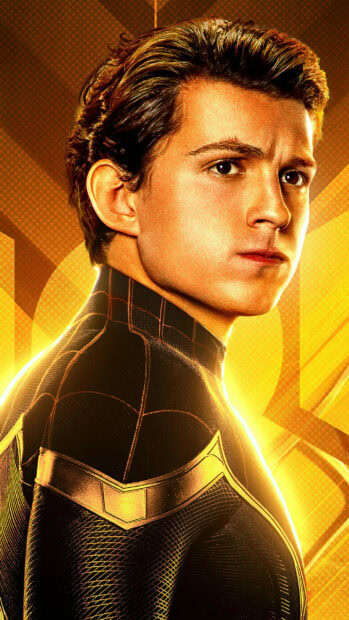 Tom Holland wearing a black and gold suit in a close up portrait with a glowing yellow background