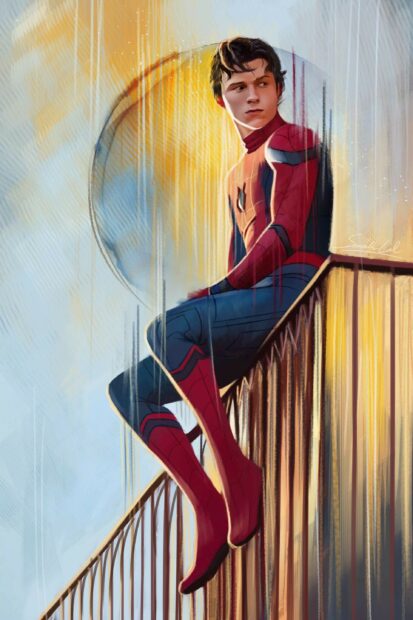 Tom Holland sitting on a railing wearing a red and blue suit in a digital art scene