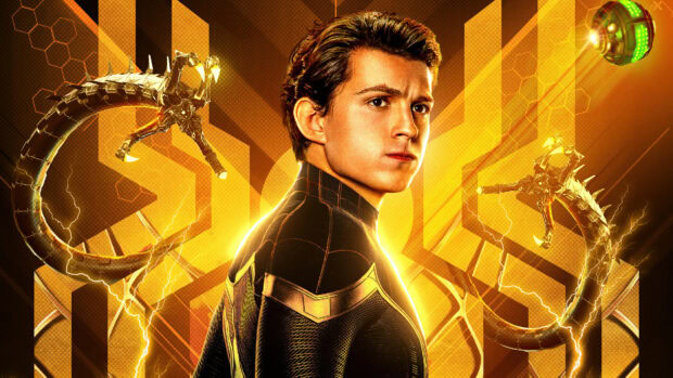 Tom Holland in a black and gold suit standing with mechanical arms activated in a bright yellow background