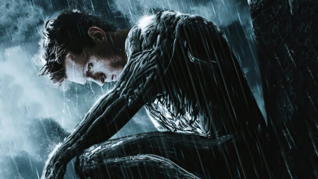 Tom Holland character sitting in the rain with a reflective suit showing a serious mood