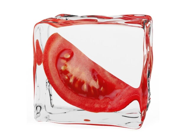A tomato slice trapped inside a clear ice cube showcasing fresh tomato detail
