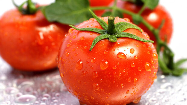 Fresh tomato covered with water droplets on a reflective surface