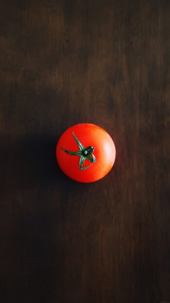 A fresh ripe tomato with a green stem on a dark wooden surface