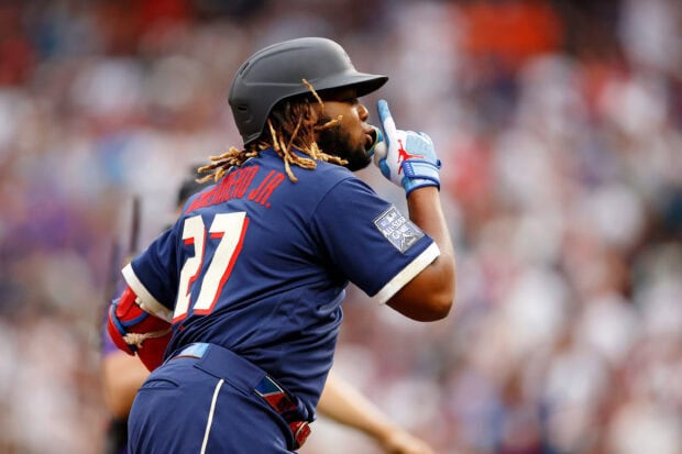 Vladimir Guerrero Jr in Toronto Blue Jays uniform celebrating during a baseball game