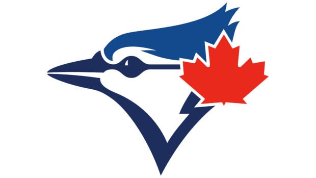Toronto Blue Jays logo with red maple leaf symbolizing Canada on a white background