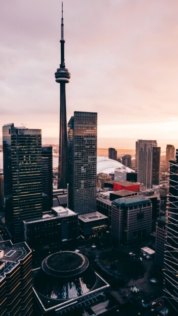 Toronto skyline view with the CN Tower and skyscrapers during sunset in the city