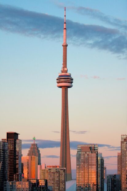 Toronto skyline with CN Tower during sunset in a clear sky