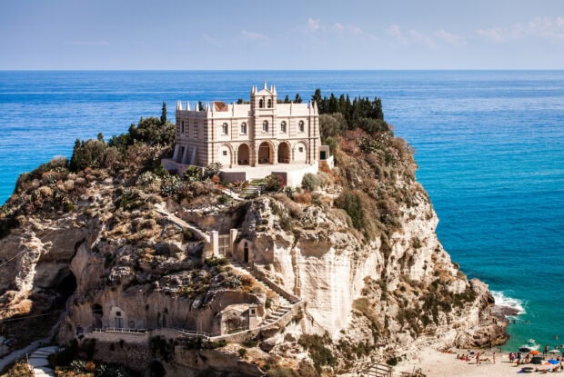 Historic Tropea cliffside building overlooking the sea in Tropea