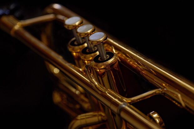 Close up of trumpet valves showing metal details and craftsmanship