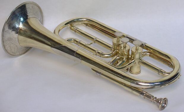 Close up of a brass trumpet instrument with engraved bell on a white surface