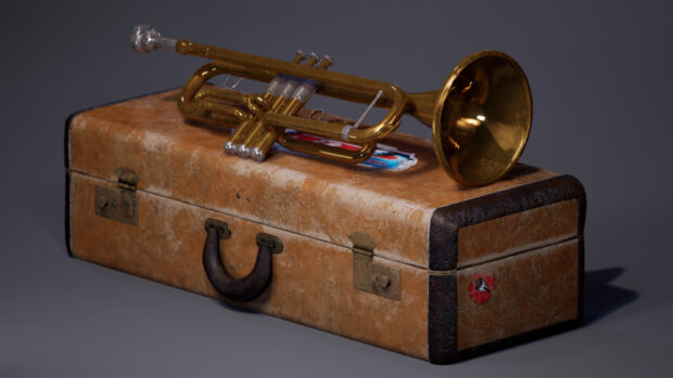 A vintage trumpet resting on a worn leather case on a neutral background