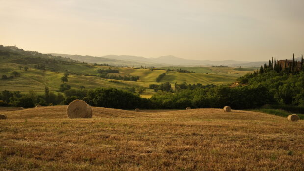 Rolling hills of Tuscany with hay bales and lush greenery in a peaceful countryside scene