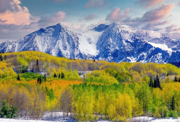 Snow capped mountains with usa colorful forest trees in autumn season