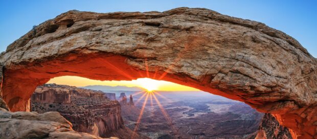 Natural Utah rock formation with sunrise view over canyon landscape in the morning