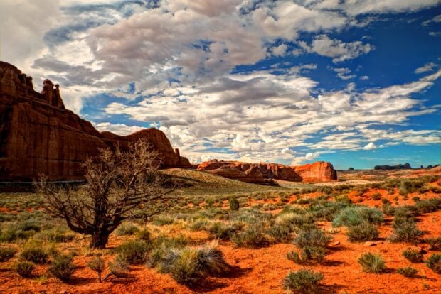 Red desert landscape with Utah rock formations under a cloudy sky