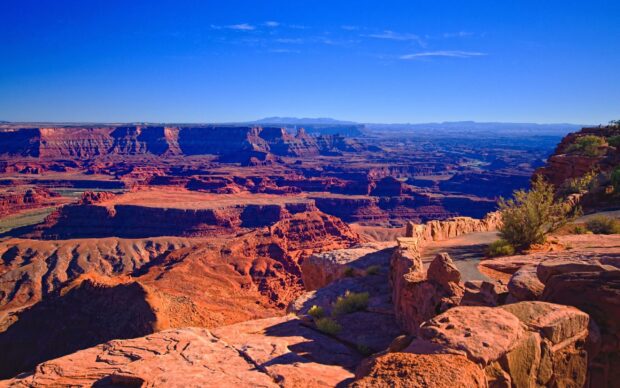 Vast Utah canyon landscape with red rock formations under a clear blue sky