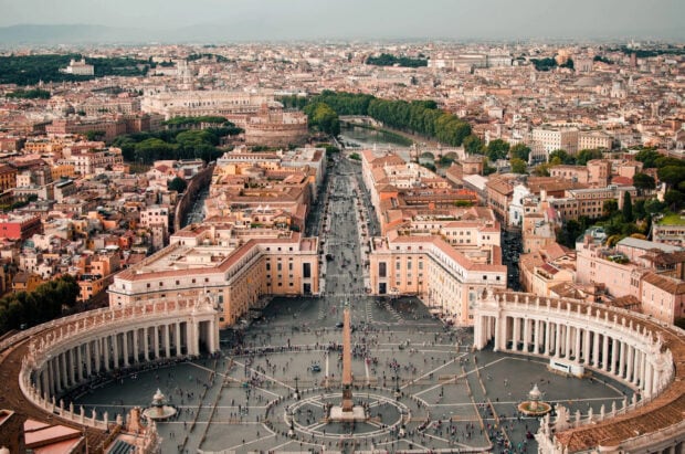 Aerial view of Vatican City with St Peters Square and surrounding buildings in the cityscape