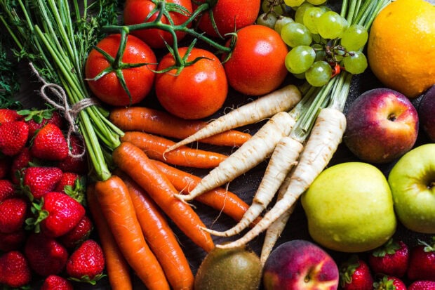 Fresh carrots and parsnips with tomatoes and strawberries as vegetables in HD quality
