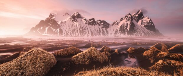 Snow covered Vestrahorn mountain with black sand dunes and grass in foreground at sunrise in Iceland