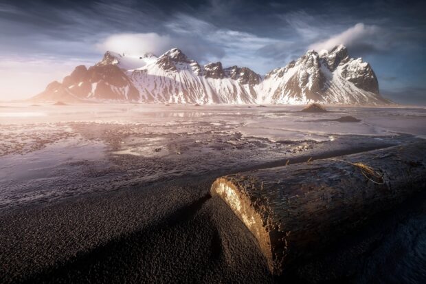 A large log resting on black sand near Vestrahorn Iceland mountain range with snow covered peaks