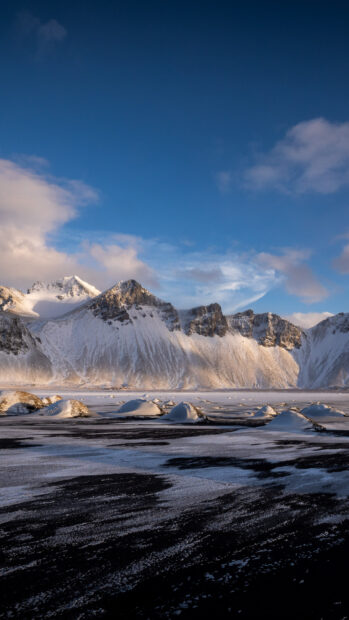 Snow covered volcanic landscape at Vestrahorn Iceland during winter