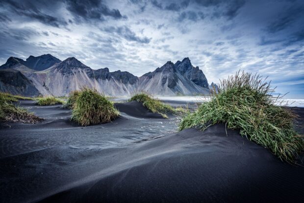 Black sand dunes with green grass at Vestrahorn Iceland coastline under cloudy sky