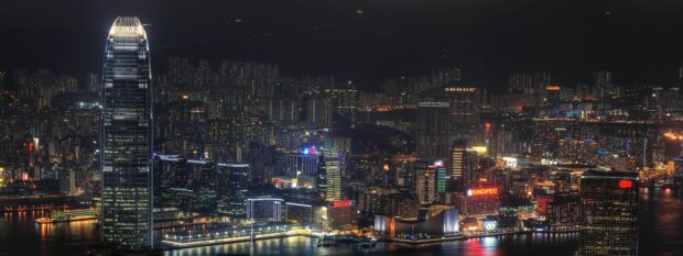 The Victoria Peak cityscape view with illuminated skyscrapers at night in high resolution