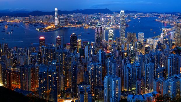 Night view of Victoria Peak cityscape with 4K quality