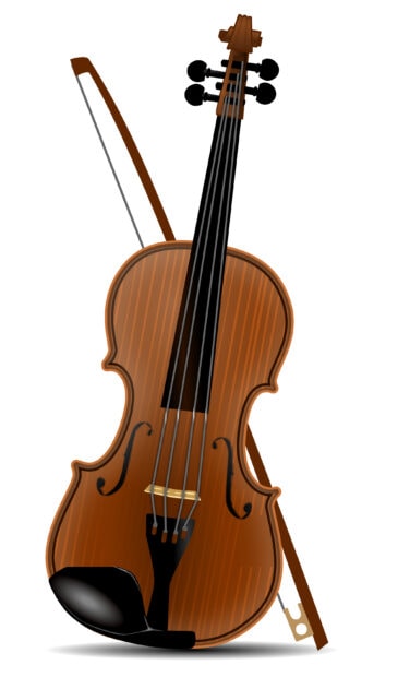 A detailed illustration of a wooden viola with a bow placed behind it