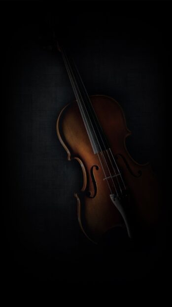 A close up view of a viola with dark wooden texture and strings on a black background