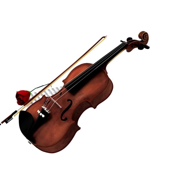 A classic viola resting with a red rose and bow on a white background